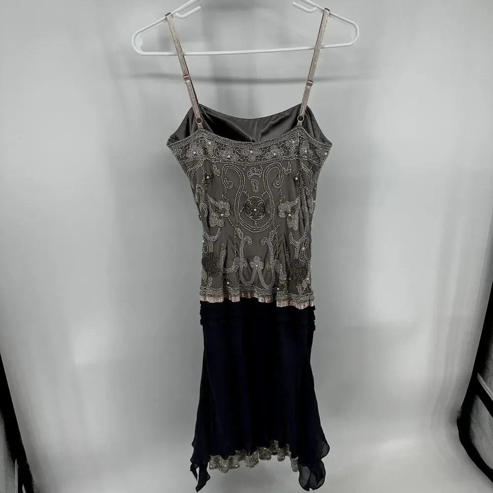 Vintage Cache Dress 100% Silk Knee Beaded Embellished Bow Cami Gray Purple 4